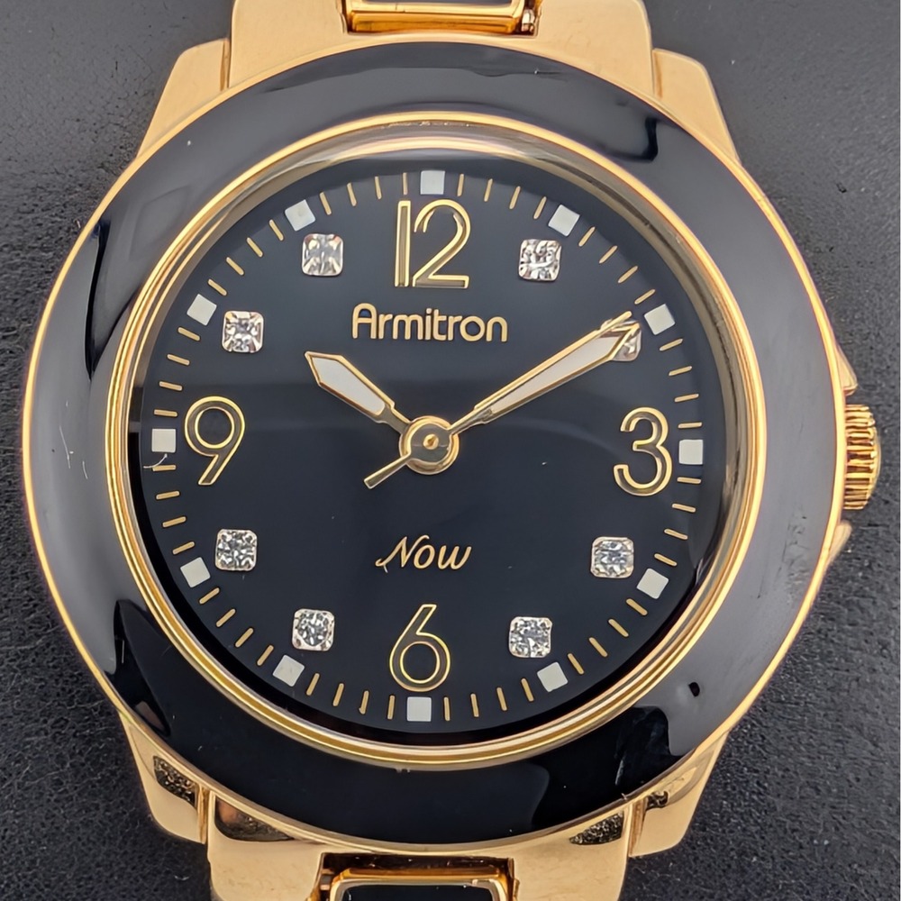 Armitron Now Gold Tone Black Enamel Crystal Accent Womens Watch - Picture 2 of 10